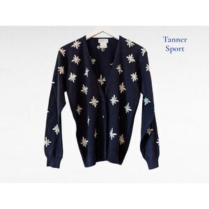 Tanner Sport blue w/white needlepoint cardigan/sweater   Sz M